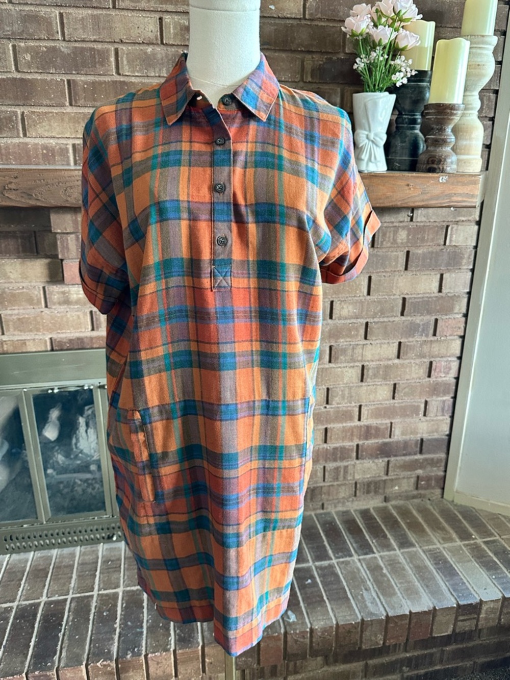 Toad&Co Plaiditude Short Sleeve Plaid Shirt Dress Orange Blue Pockets Medium